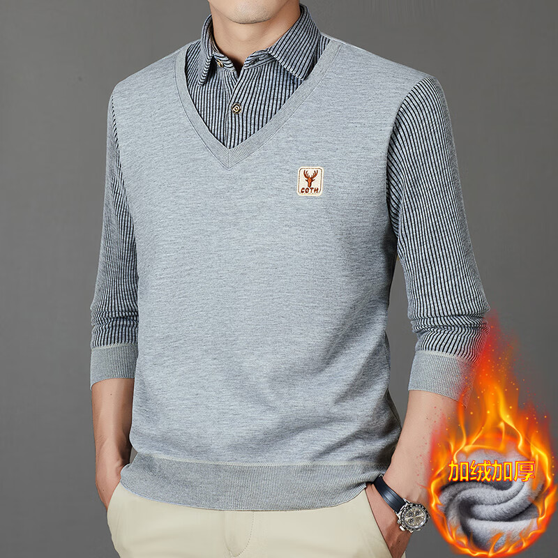 布卡澜琦男士秋冬假两件t恤商务休闲针织衫长袖加绒保暖T恤高级感条纹上衣 6712加绒灰色 L （建议110-130斤）