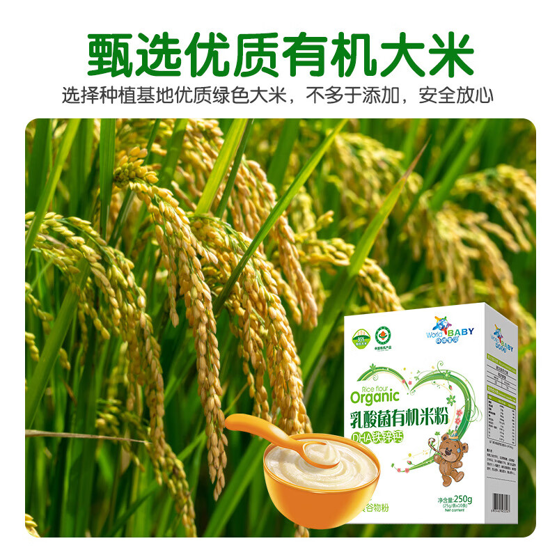环球宝贝婴幼儿有机米粉加铁米乳DHA钙铁锌高铁益生元大罐辅食一罐一码 高铁原味乳酸菌有机米粉250g 片状
