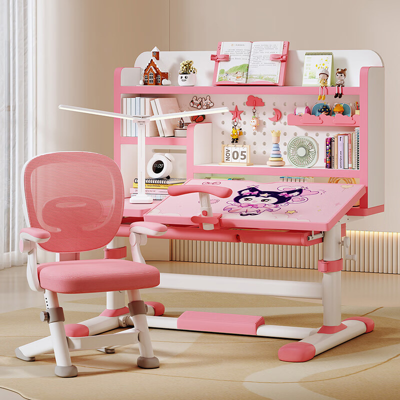 森优匠儿童学习桌书桌椅套装6-18岁专用可升降带书架一体小学生写字课桌 匠心粉兔兔多区收纳书架+分区调节桌板+三角永定椅
