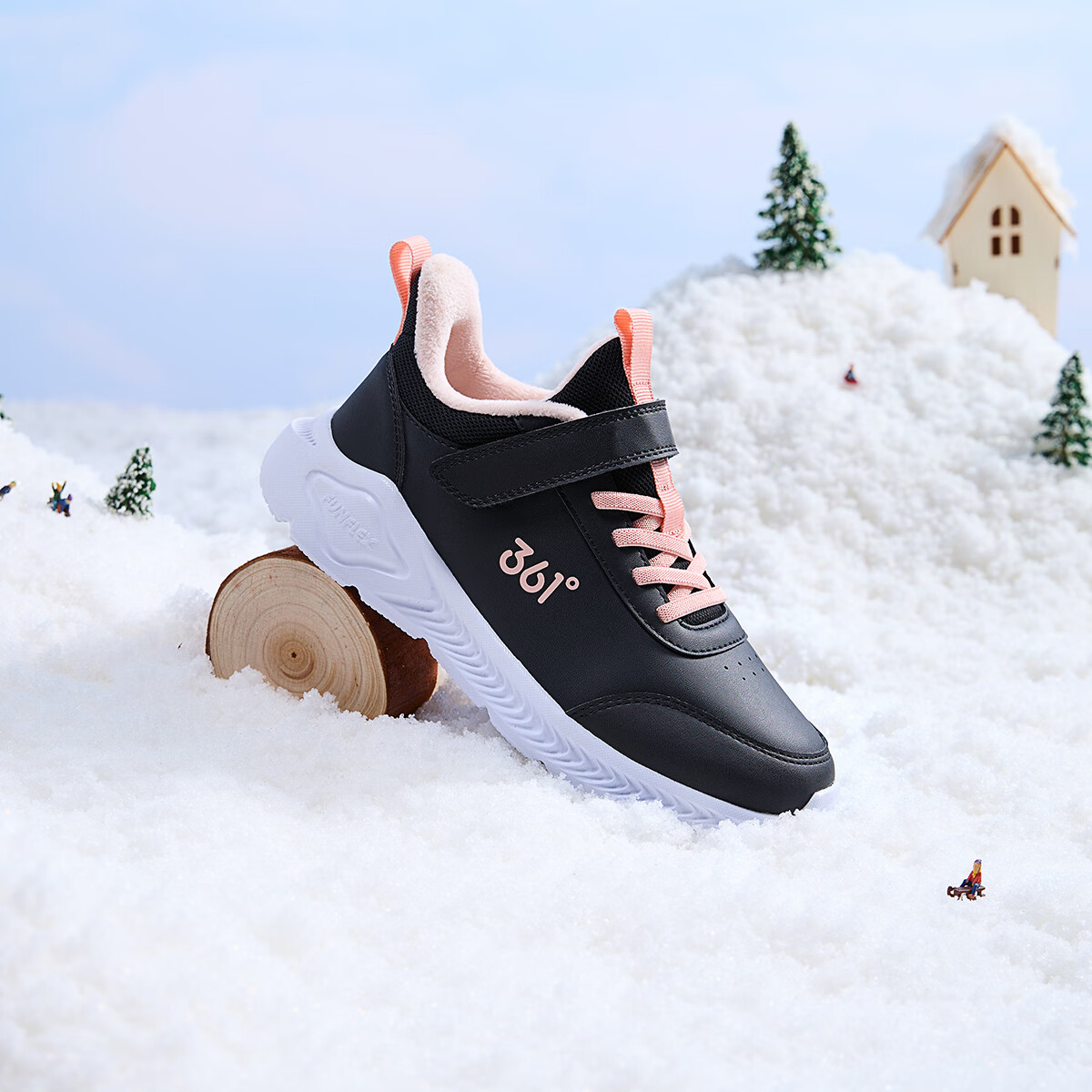 361°儿童运动鞋男童跑鞋秋冬密网轻便魔术贴女童皮革加绒保暖运动鞋 【皮革加绒】碳黑/日落粉色 36