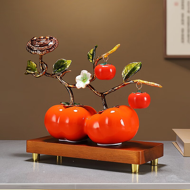 赟娅事事如意柿子桌面摆件入户玄关新中式家居陶瓷装饰品乔迁高档礼物 珐琅彩平安喜乐【苹果】+高底座（红色）【礼盒装】