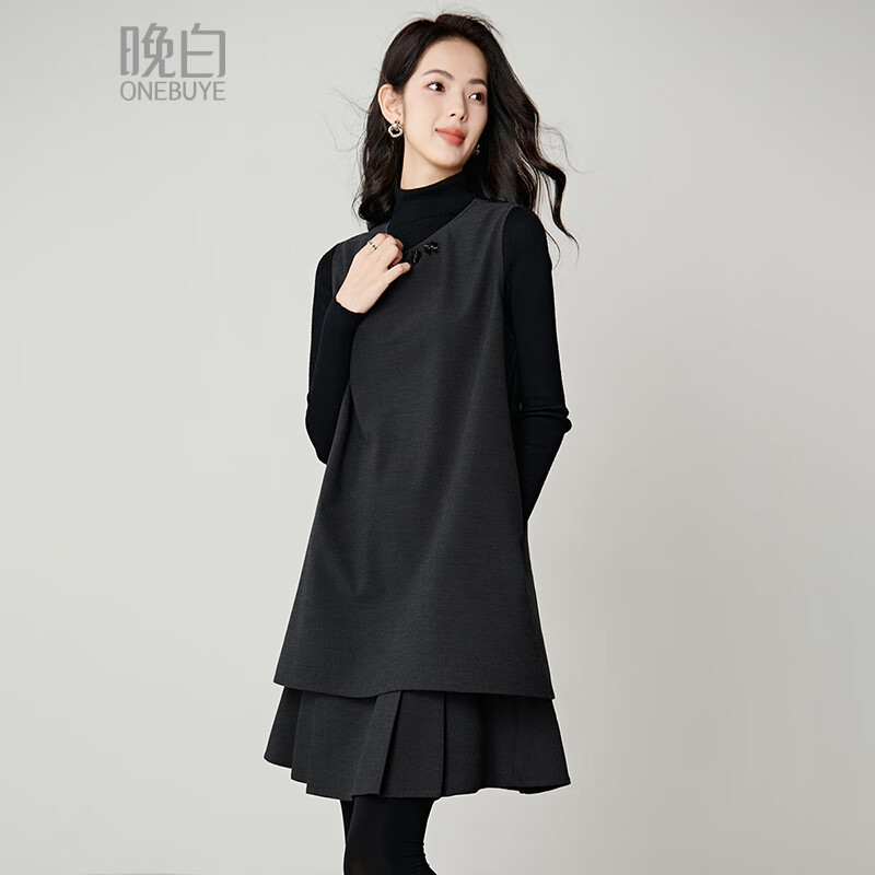 晚白【新品】纸片人背心裙2026春款时尚设计感拼接裙子显瘦无袖连衣裙 深灰色 S