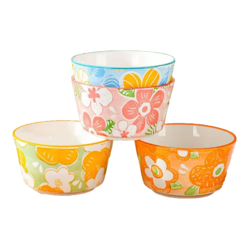 【4碗】家用饭碗新款2025碗盘套装盘子碗陶瓷餐具炖蛋整套家庭装 5英寸四色随机图案4只装