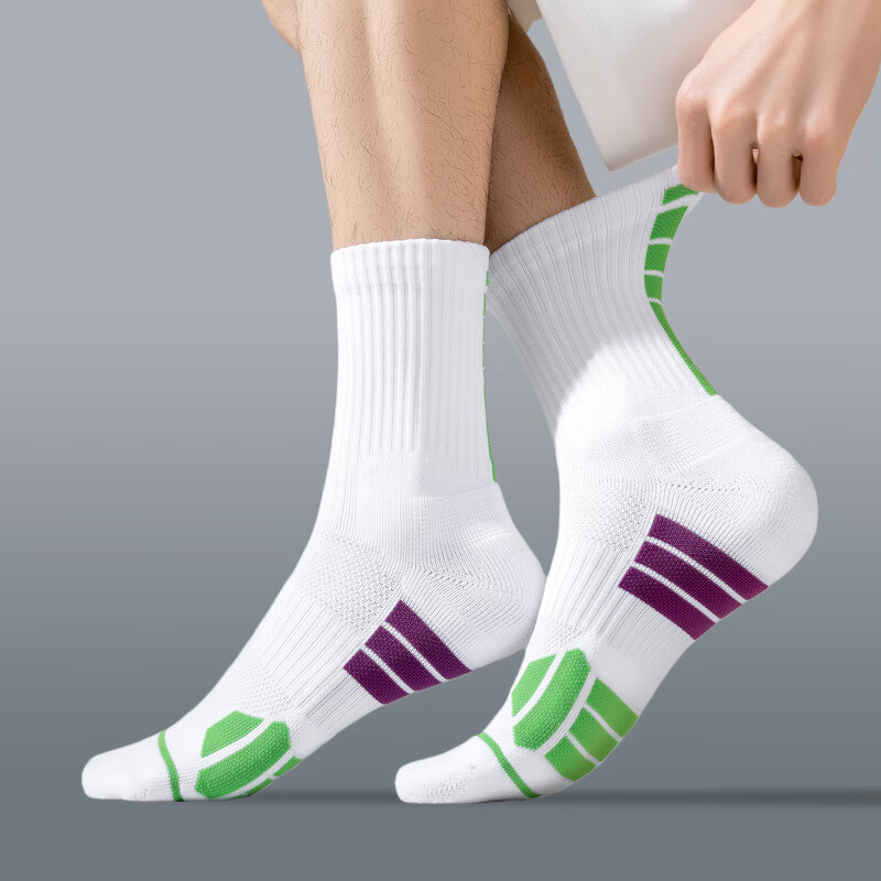 罗蒙实战专业篮球袜子时尚撞色男毛巾底跑步训练美式防滑中长筒运动袜 LM-1380专业运动袜绿紫 3双 均码 （适合38-44码）