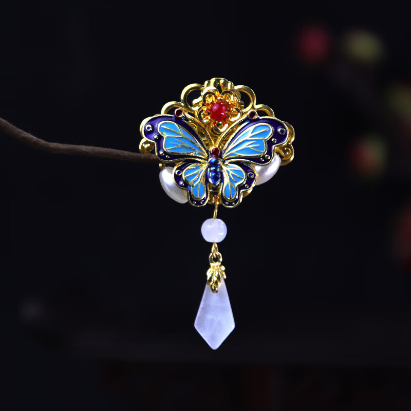 胖东来同款景泰蓝胸针原创设计烧蓝蝴蝶压口袋覆古中式领针旗袍胸 纳