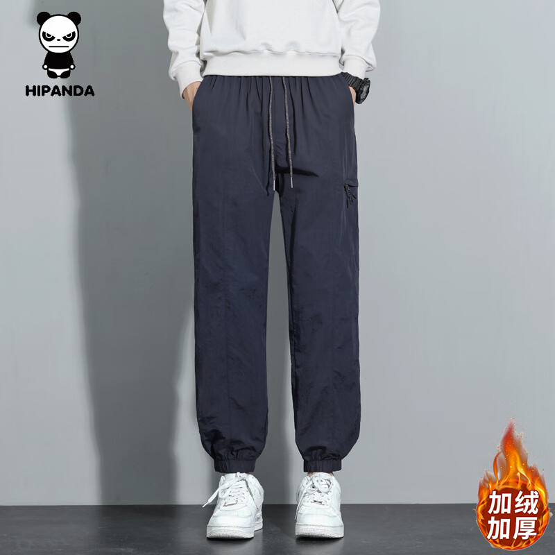 HIPANDA你好熊猫休闲裤男2025年秋冬新款潮牌宽松直筒束脚工装长裤子男款 藏蓝加绒 XL
