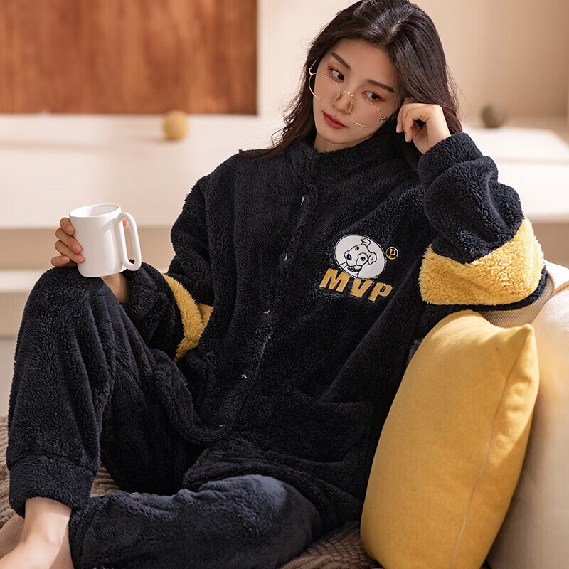 芬腾【断码清仓】珊瑚绒情侣睡衣冬季女款男士加厚加绒套装大码家居服 FJ25940673黑色【单女款】 L 建议:女110-124斤,男126-146斤