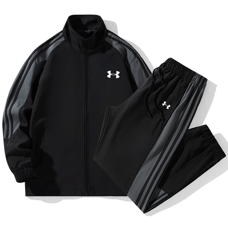 安德玛新款潮牌休闲运动套装男士2025秋季新款宽松百搭青少年学生两件套 黑色 4XL【建议180-190斤】