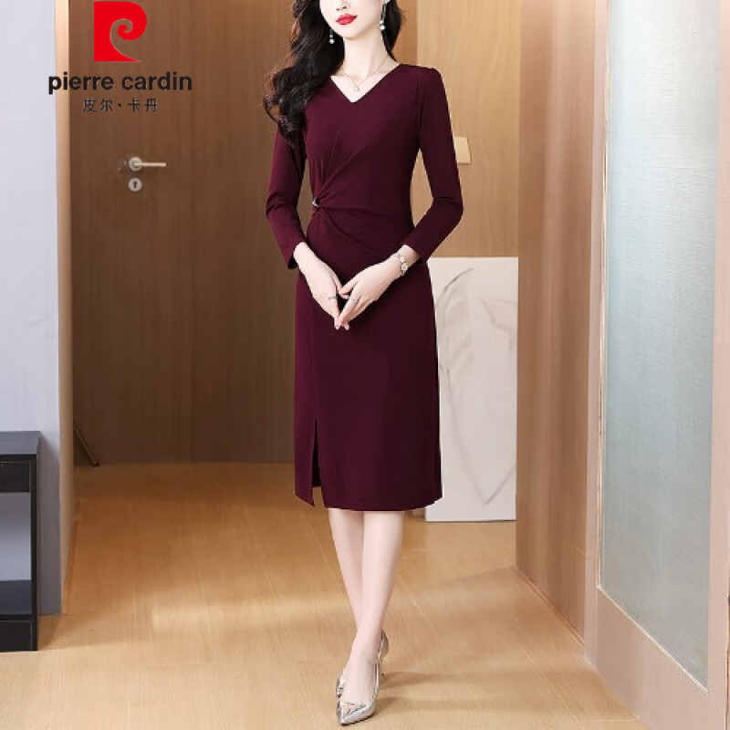 皮尔卡丹（pierre cardin）红色V领长袖连衣裙女秋季新款气质优雅褶皱收腰中长款开叉包臀裙 樱桃红 M
