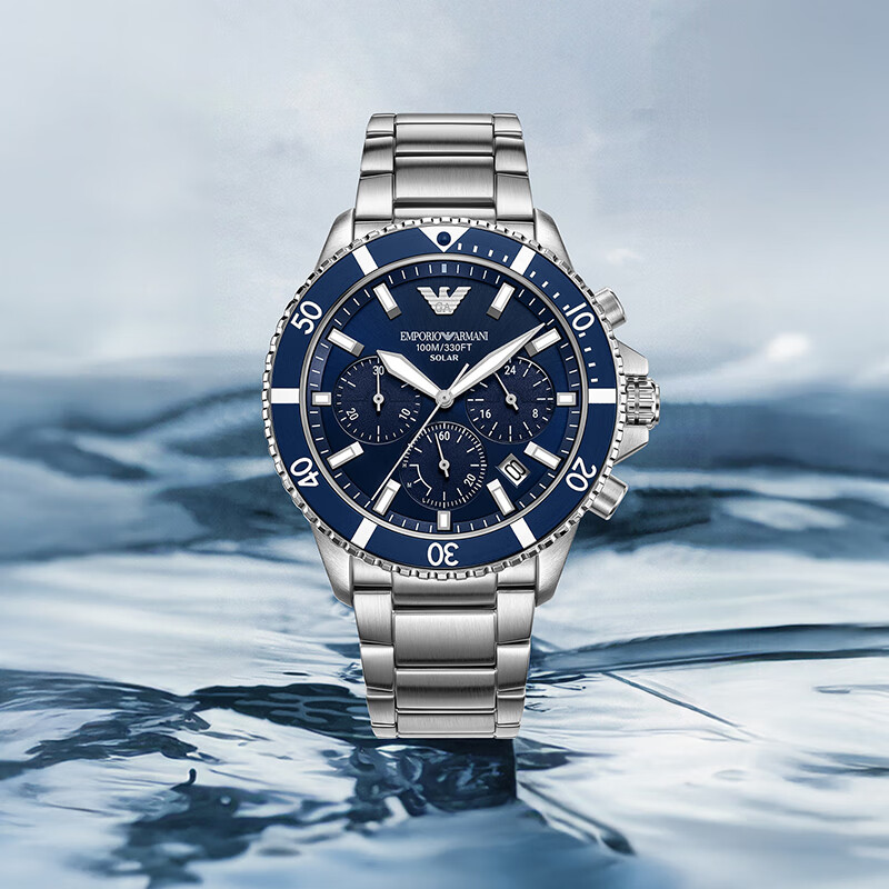 EMPORIO ARMANI阿玛尼手表官方正品男士太阳能三眼计3.8女神节友送男友礼物 银色AR11681 43.5mm