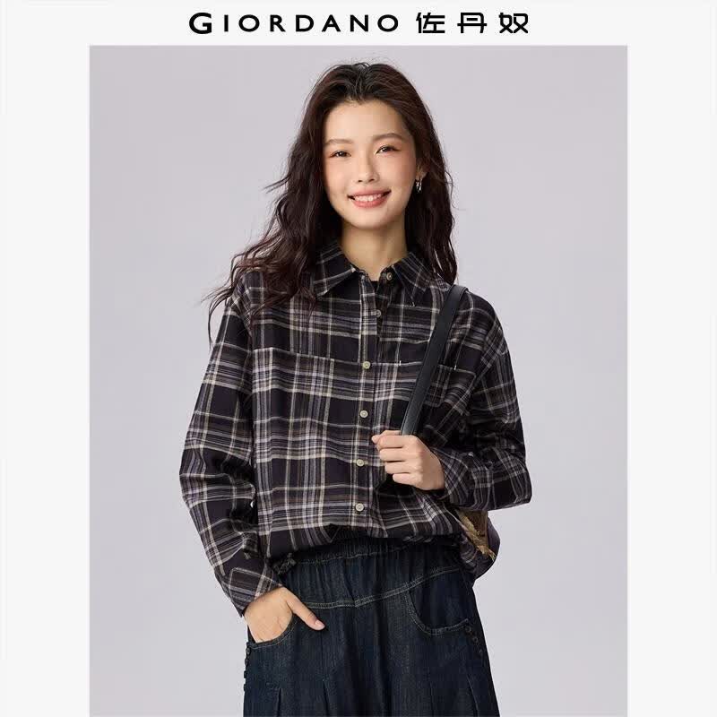 佐丹奴美式风格子衬衫女装纯棉法兰绒一字袋宽松长袖衬衣13345859 87蓝x紫x棕 S
