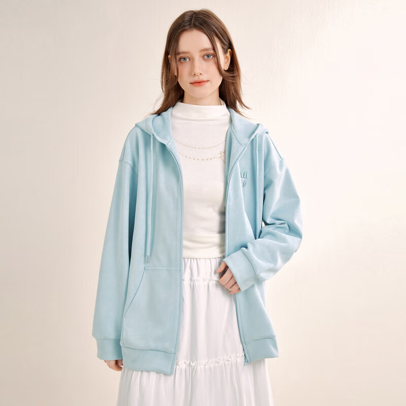 乐町美式复古风连帽拉链卫衣外套 婴儿蓝(现货) M