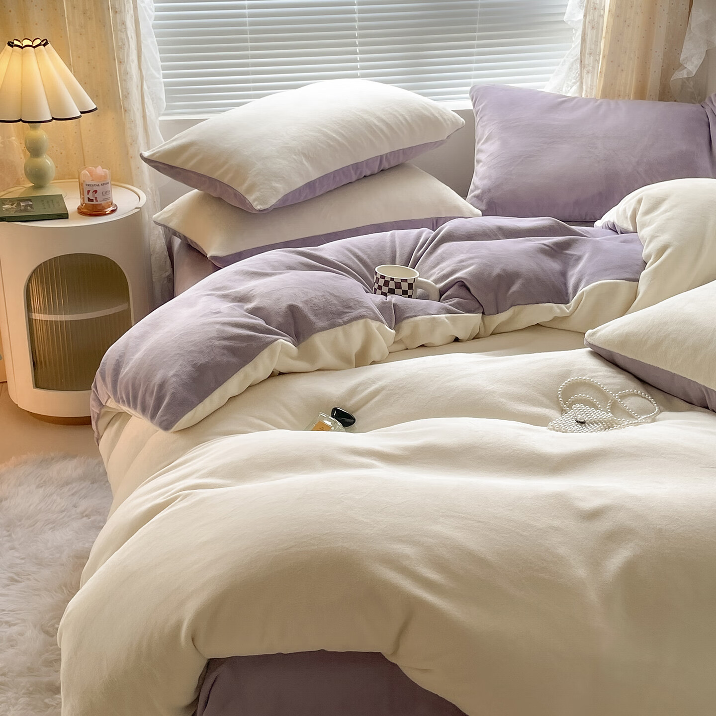 雅鹿纯色秋冬季牛奶绒保暖四件套珊瑚绒床上绒加厚法兰绒被套三件套 奶黄+浅紫【高克重牛奶绒 厚实保暖】 2.0m四件套 床单款 （被套220*240cm）