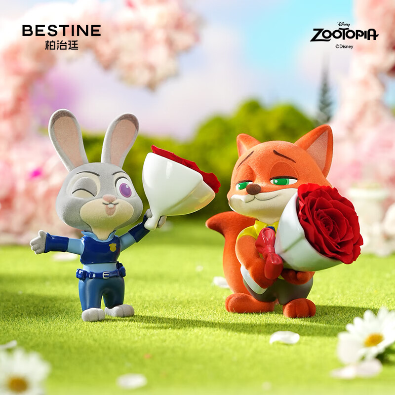 柏治廷迪士尼疯狂动物城尼克狐+朱迪兔永生花玫瑰花束摆件生日礼物