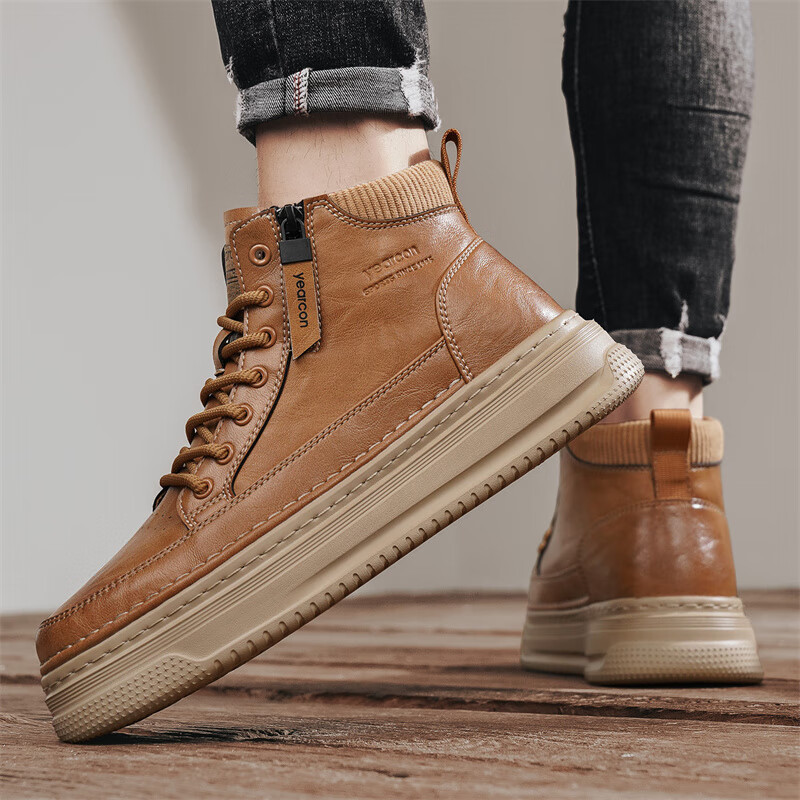 意尔康男鞋时尚运动休闲鞋时尚复古马丁靴厚底保暖高帮鞋子男  棕黄 44