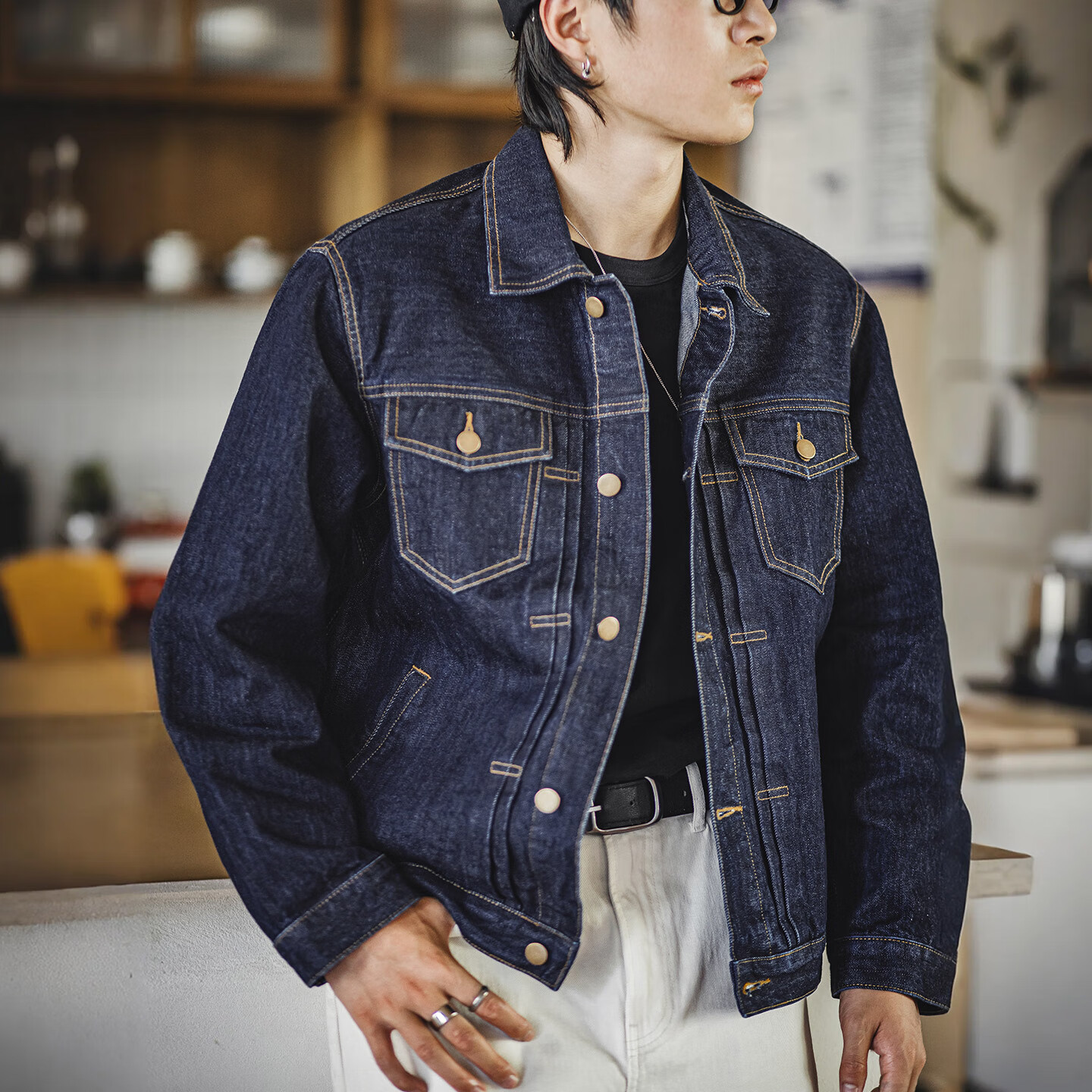 Mr.A男装 TYPE-2原牛色西部牛仔夹克重磅深色短宽13OZ外套工装春季潮 深蓝色 2XL