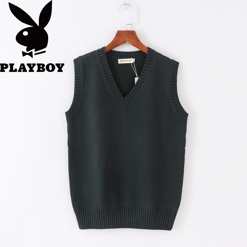 花花公子（PLAYBOY）纯棉毛背心马甲男装羊毛衫领套头无袖毛衣中年潮流纯色针织坎肩 加绒A8浅灰 加厚 2XL