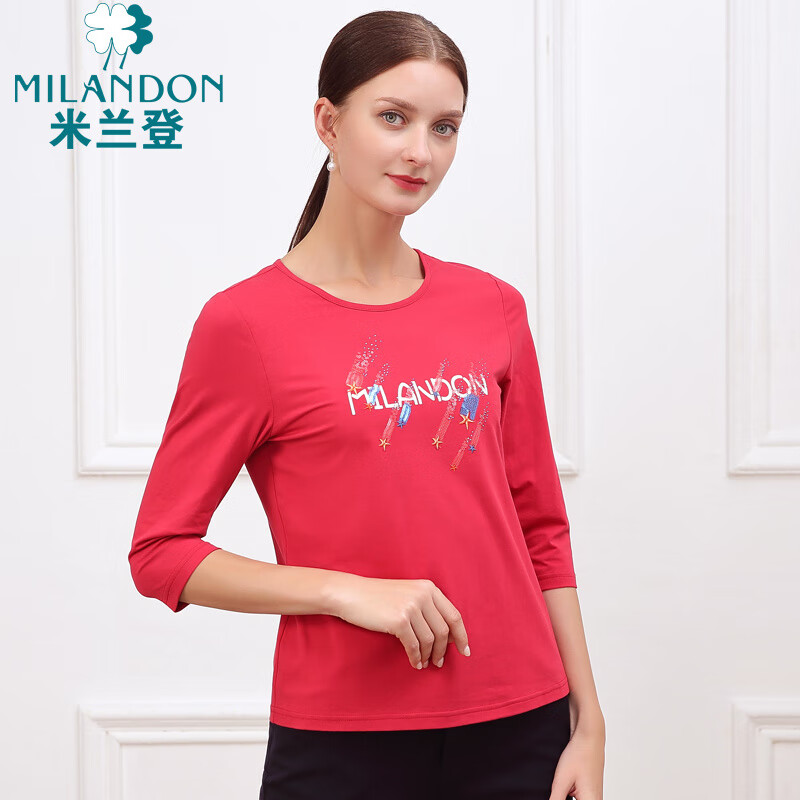 米蘭登(MILANDON)中老年媽媽裝寬松針織T恤衫春秋洋氣舒適時(shí)尚圓領(lǐng)上衣休閑 樹莓紅 L