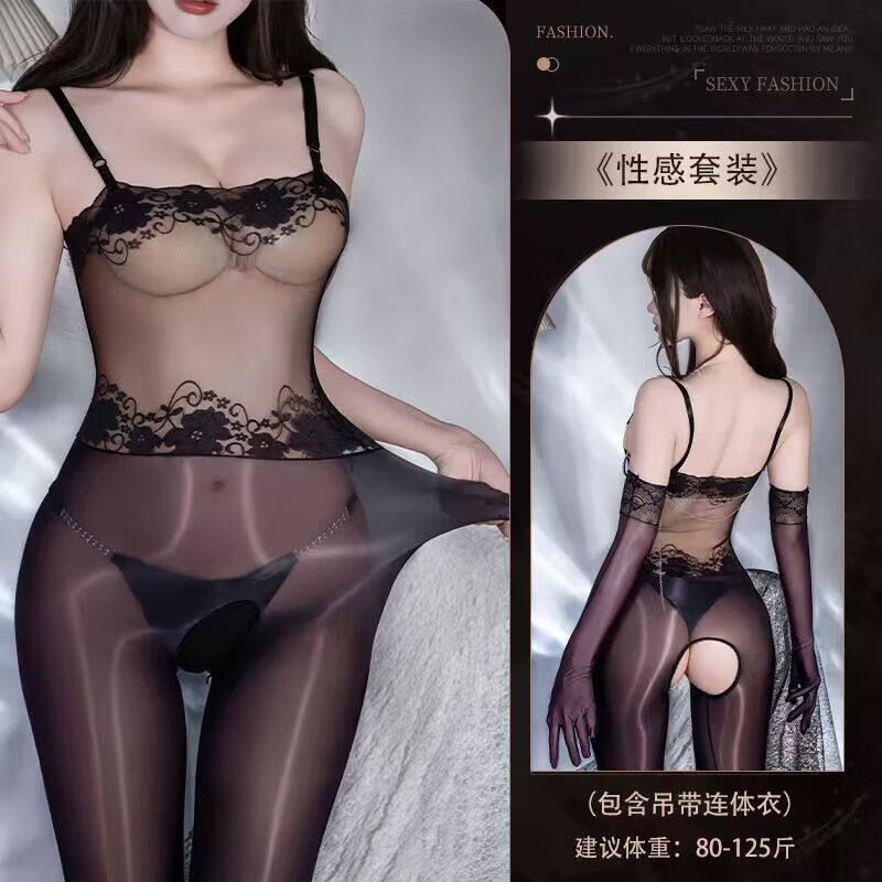 式抹胸油亮透明丝滑连身油光开裆黑丝袜马蕾丝 4561黑色油光连体衣