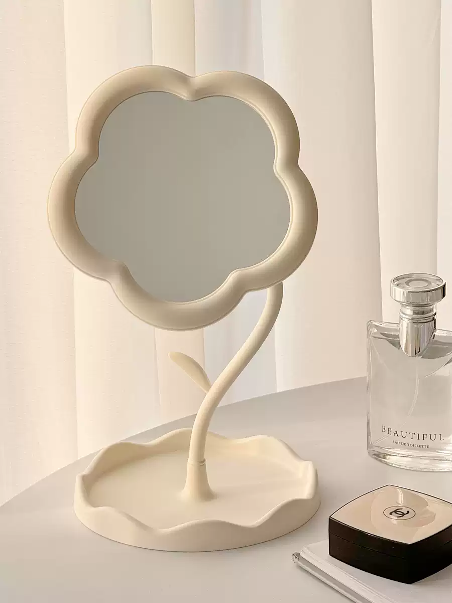 咏幻ins花朵化妆镜少女心桌面台式化妆镜女梳妆台学生宿舍便携补妆镜 太阳花-珍珠白360度旋转带收纳