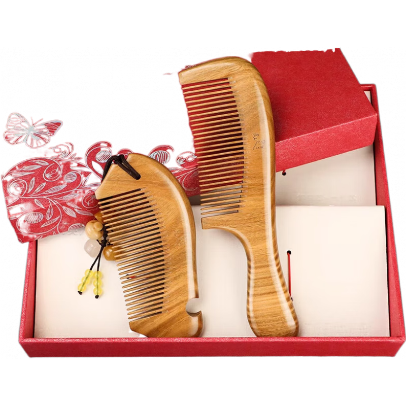 虞美人【新品】綠檀木梳子套裝結(jié)婚對(duì)梳新婚生日禮物木梳送女友老婆 綠檀套裝01常規(guī)款