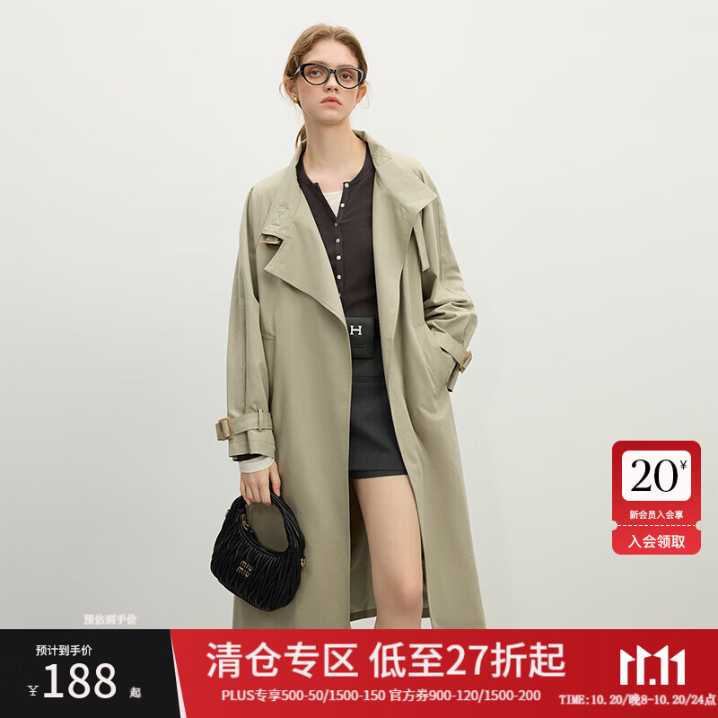 范思蓝恩设计感立领风衣女2025春装新款中长款宽松休闲英伦风外套 豆灰绿 M