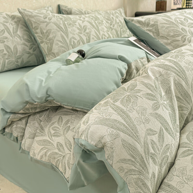 多喜愛（Dohia）全棉雙層紗床上四件套2025新款純棉床品磨毛被套床單人三件套 HJ葉語-綠工藝 床笠款 四件套 1.8m-適200x230被子