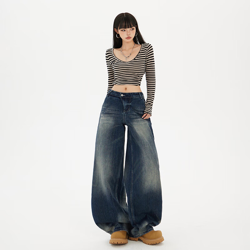 狮子聪美式复古高腰宽松阔腿裤斑驳纹理猫须垂感秋冬直筒牛仔裤女 复古长裤 XS