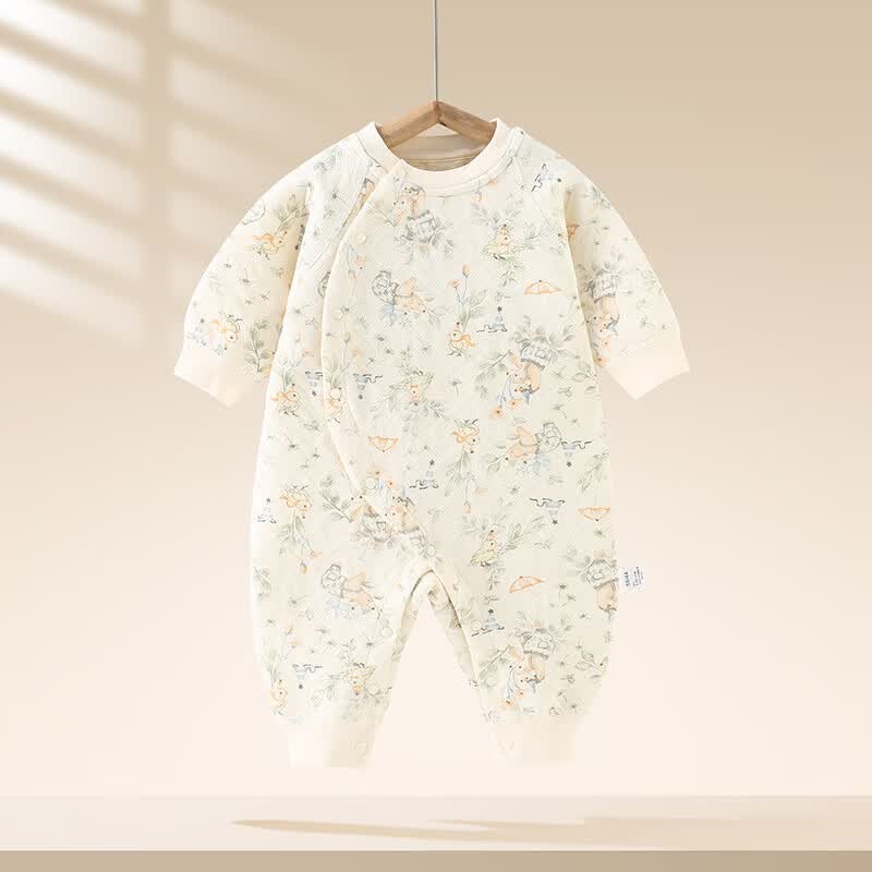 宝宝保暖连体衣秋冬款新生儿夹棉哈衣爬服男女婴幼儿加厚纯棉冬装 米白色花园小熊 59cm