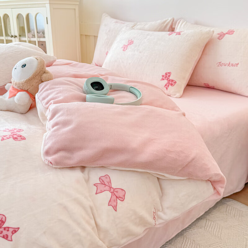 软贝小清新牛奶绒床上四件套保暖毛绒床单被套学生宿舍秋冬款三件套 蝴蝶结 床笠款 1.8m  被套200*230cm 四件套