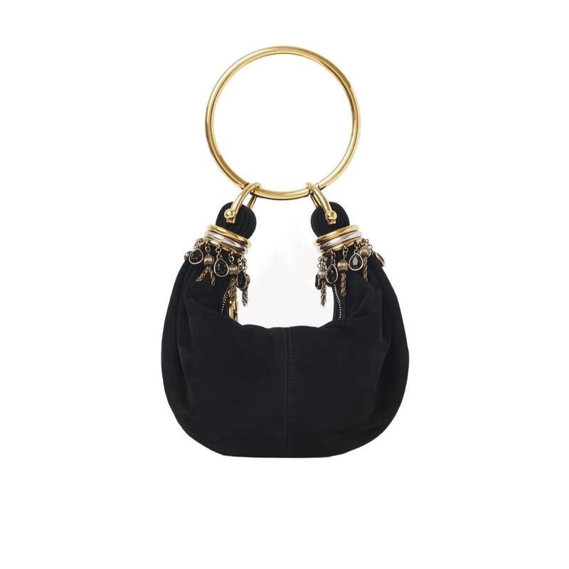 蔻依（Chloe）女士圆环单肩包轻便携带日常通勤搭配装饰简约设计山羊皮黑色 黑色 均码