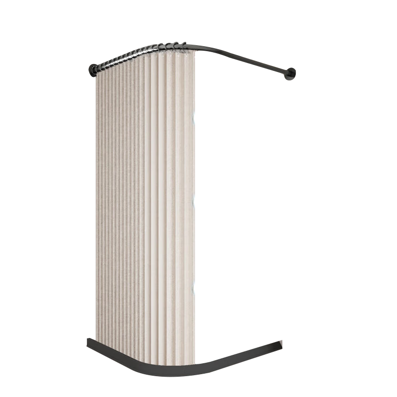 訪(fǎng)客弧形浴簾桿套裝浴室折疊防水浴簾免打孔L型干濕分離隔斷簾衛生間 米白 弧黑桿+磁吸折疊簾+擋水條 B款墻:80-90*100-110簾200*200