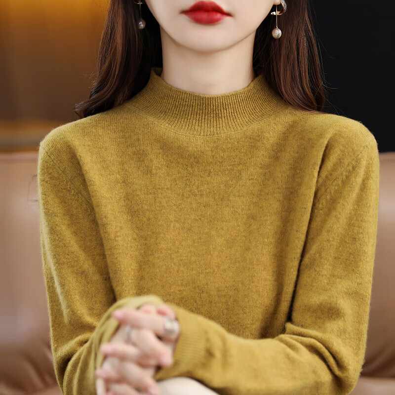 柯诗曼秋冬新款半高领针织衫女内搭高级感打底衫显瘦简约潮流 针织半高-芥末黄 XL 【120-140斤】