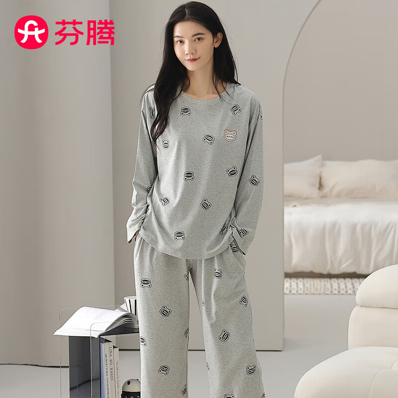 芬腾睡衣女100%纯棉秋新款柔软亲肤圆领套头家居服休闲外穿套装 灰色 L