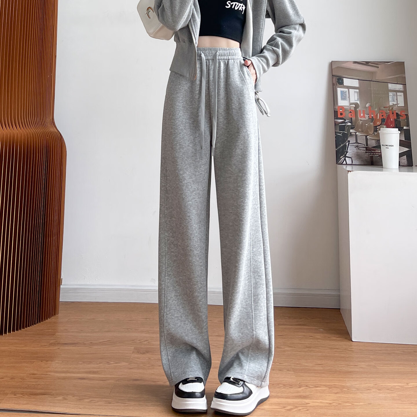 雪茜曼白灰色运动裤子女秋季2025新款宽松直筒卫裤休闲小个子窄版阔腿裤 春秋-黑色-常规 S 适合（80-90斤）