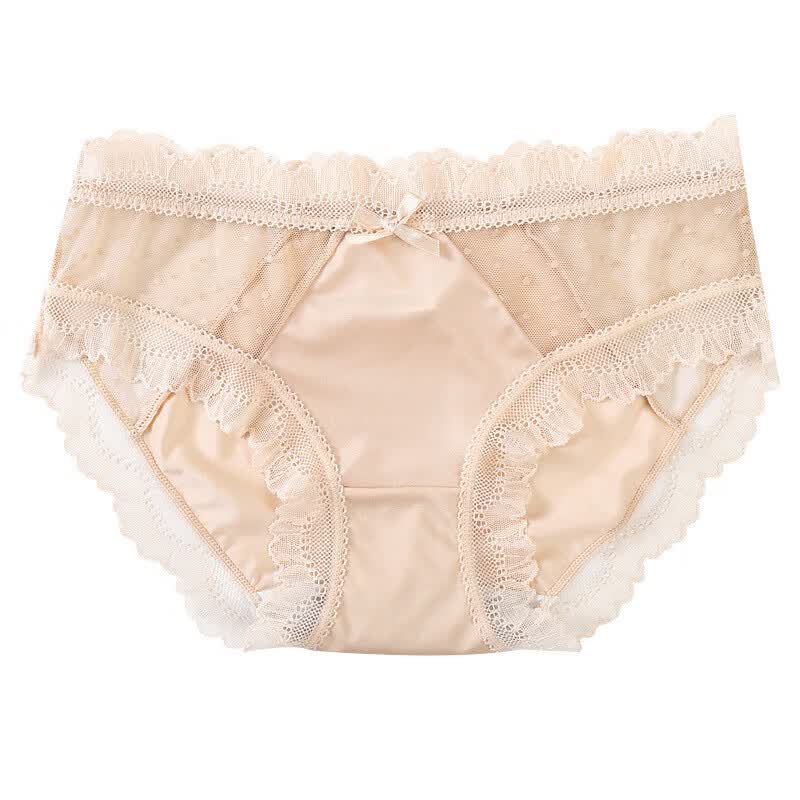 【39包邮】稚蝶 女士日系冰丝拼接蕾丝边内裤 混色5条装