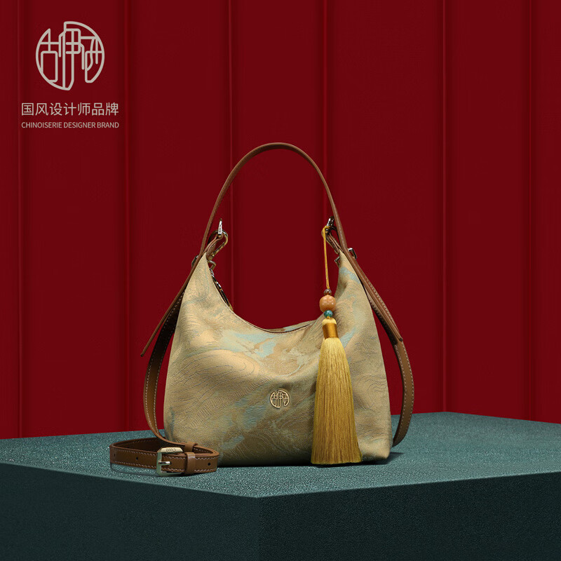 古伊西新中式复古女包流苏手提包气质单肩包老人包轻便布包旗袍包妈妈包 桂皮浅棕-送礼品袋+代写贺卡