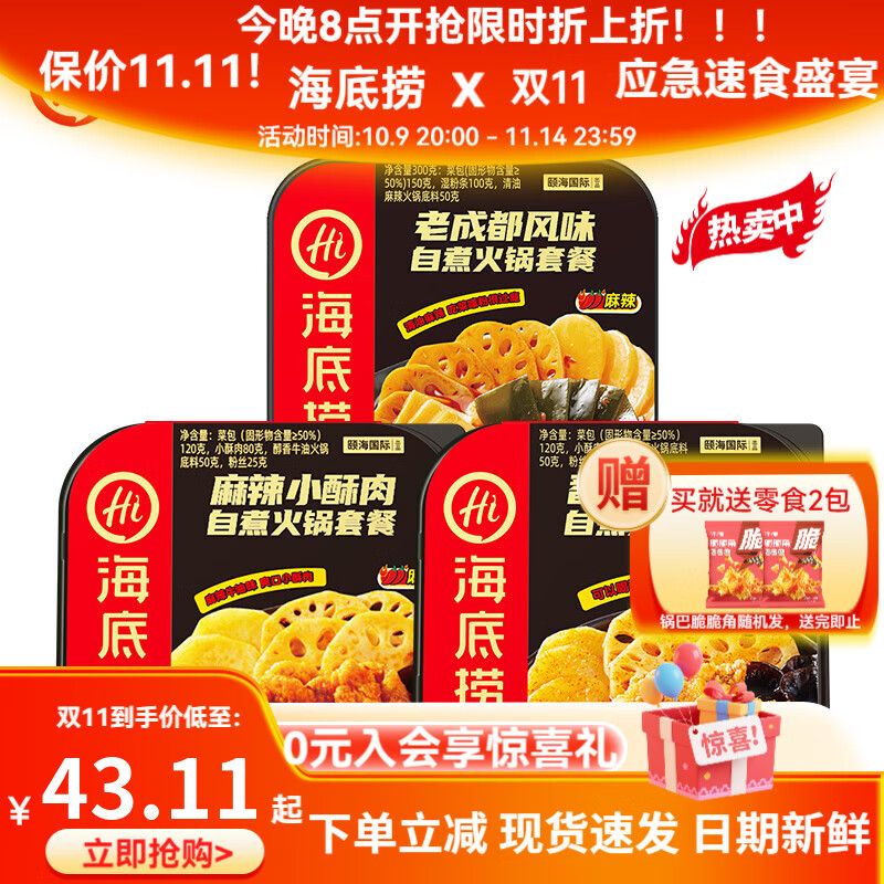 海底捞自热火锅方便速食自嗨锅夜宵即食免煮学生宿舍麻辣烫加班饭露营 老成都+麻辣+番茄酥肉850g