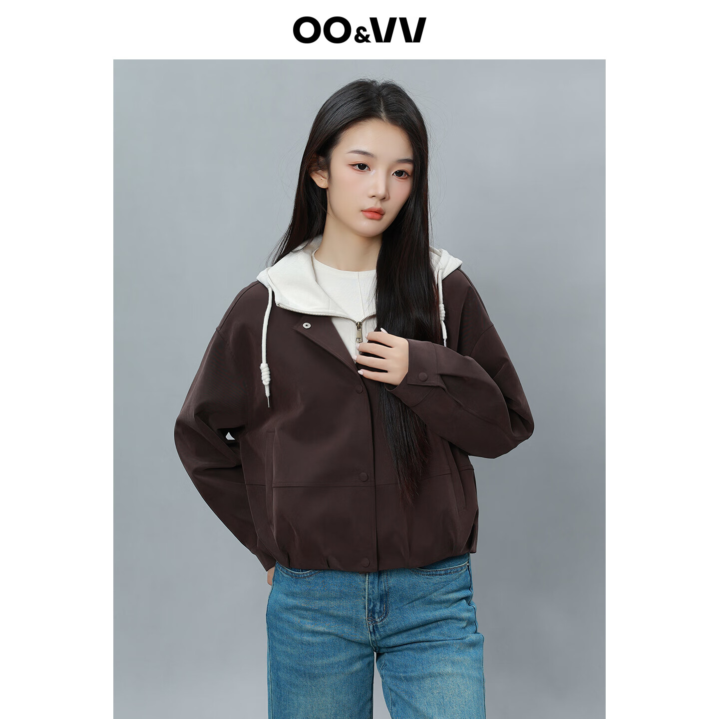 OO&VV2025年秋装新款撞色拼接连帽外套女设计时尚百搭显瘦上衣假期出游 摩卡棕 M
