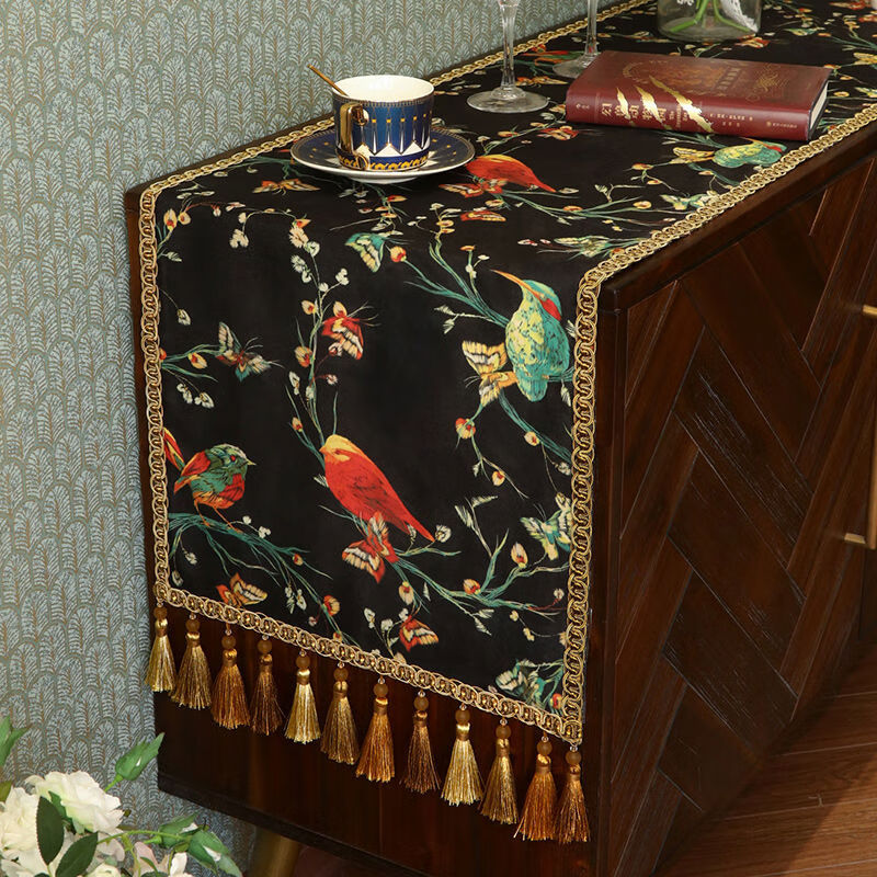天使雅兒旗夜鶯絨印花鳥(niǎo)旗電視鞋柜蓋巾布樣板房 艾斯利夜鶯 寬40*長(cháng)140CM不含流蘇尺寸