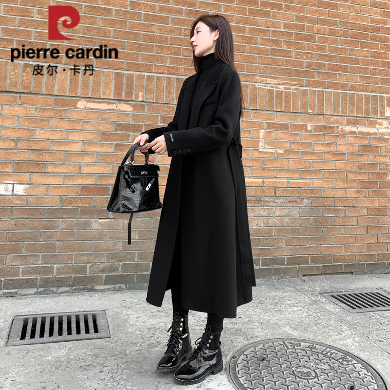 皮尔卡丹(pierre cardin)黑色双面羊毛绒呢子大衣女士秋冬季感正肩赫本风毛呢外套中长款 黑色 S 建议108斤以内