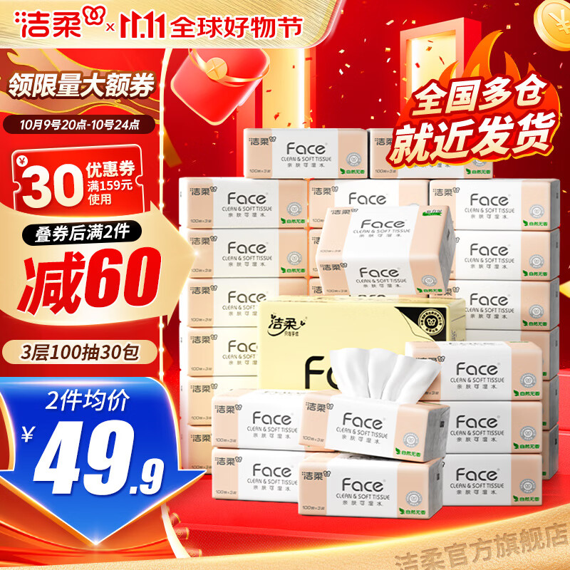 先领159-30补贴卷 洁柔粉Face可湿水抽纸100抽*30包 65.8元 折1/包 - 特价的