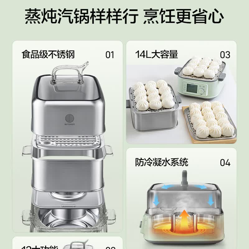 北鼎（Buydeem）G76全钢蒸炖锅 家用不锈钢电炖锅 大容量多功能锅一锅多用蒸锅大号智能蒸炖锅定时预约蒸汽锅 14L 【全家福】G76黄+汽锅+炖盅+蒸盘+猪猪盒