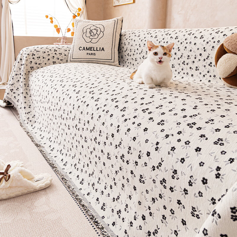 缔卓怡经典小碎花沙发盖巾防猫抓四季通用沙发垫套罩一整张防滑全盖毯 漫花私语-黑色 180cm*130cm (适用于单人位/脚踏)