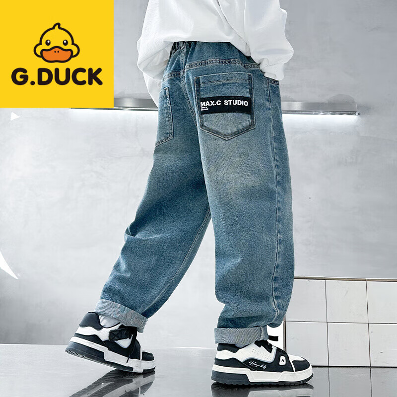 G.duck男童牛仔裤春秋款2025新款儿童休闲裤子男孩宽松直筒运动大童春装 牛仔蓝 140 cm