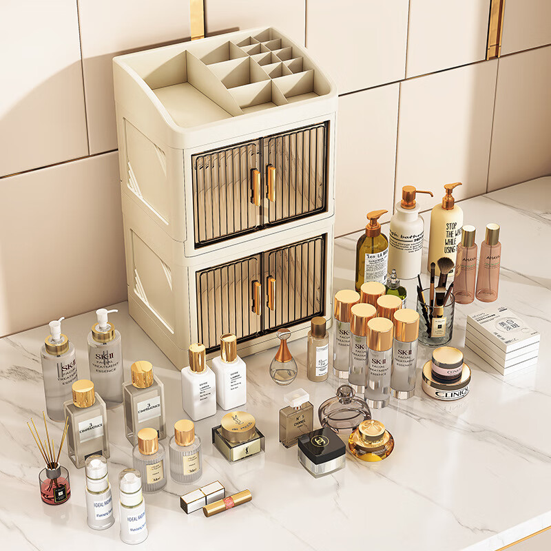 铂呐苓桌面化妆品储物箱抽屉收纳盒收纳箱办公桌折叠盒宿舍办公室桌整理 双开门收纳盒【平顶白色3层】 24*18*52cm