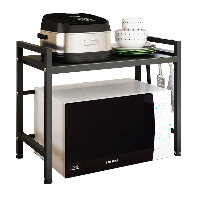 心家宜 厨房置物架 储物架可伸缩台面微波炉架 双层 多层厨房用品收纳架调味品架调料架 黑色984198B