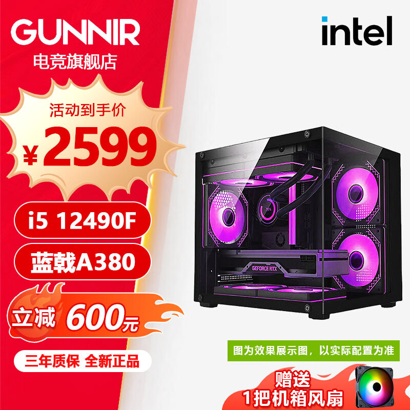 蓝戟12600KF/14600KF/12400F 5060 A750 B570 B580 12G显卡游戏电竞电脑主机海景房台式组装DIY整机 配置三：i5 12490F+A380 D4整机