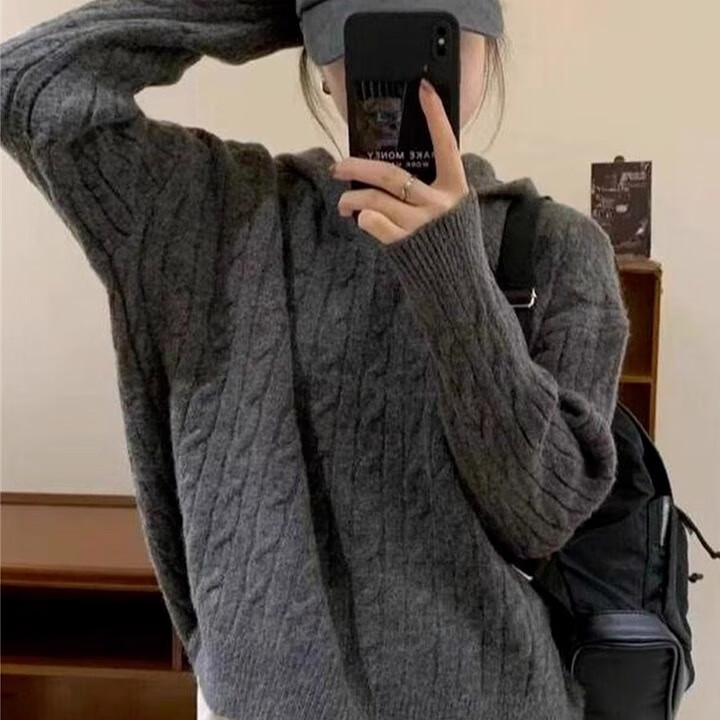 俞兆林连帽毛衣女秋冬2025新款小个子内搭打底针织衫慵懒风宽松显瘦上衣 深灰色 【抗起球不掉毛】 均码 【适合80-140斤】
