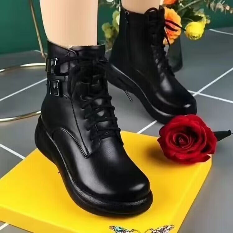 【热销】复古马丁靴女加绒2025秋冬新款中老年妈妈短皮靴松糕厚底 跟高4cm【黑色】加绒款 35 （脚胖宽拍大一码）